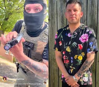 side by side comparison of masked ICE agent pointing gun with identical arm tattoo as unmasked man posing for portrait in floral print shirt