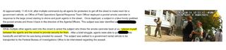 On the left is a report excerpt from Vazquez reading:
At approximately 11 :45 A.M, after multiple commands by all agents for protesters to get off the street to make room for a government vehicle, an Office of Field Operations Special Response Team Officer deployed a pocket smoke cannister in response to the large crowd starting to shove and push agents in the street. Once deployed, a subject in a blue hoody grabbed the pocket smoke and threw it back in the direction of the Agents/Officers. This subject was later identified as [redacted].
While multiple other agents went into the crowd to arrest the subject who threw the smoke cannister back at us, I placed myself between&nbsp;the agents and the crowd to provide security for them. After a brief struggle, agents were able to put [redacted] into handcuffs and tell him he was being arrested for assault. The subject was walked to a government rental vehicle to be transported to the Federal Bureau of Investigations Office to be interviewed regarding the assault.

On the right is a frame from another agent's body camera footage showing agent EZ-17 standing at alert with his launcher raised ready to fire as two agents, one of them Michael Sveum, arrest a man they wrestled to the ground.&nbsp;