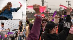 collage of protesters wielding dildos including some playing music with a dildo adorned drum