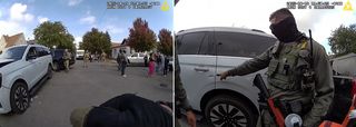 Left photo shows the driver's side of a white Ford Expedition with a flat front tire, with no apparent damage to the driver's door. Agents and bystanders mill stand around the intersection with residential homes in the background.

Right photo: A man in Border Patrol uniform with dark spiked hair wearing a black mask pulled up to his eyes and sunglasses points to a scratch on the rear driver's side door. The scratch appears to be roughly the length of his index finger.