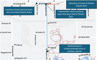 Map depicting where the 11th District tactical team engaged in a prior stop, then intercepted Dexter Reed immediately after.