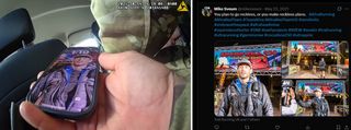 On the left is a still image from Sveum's body camera showing a white man's hand holding a modern iPhone. The lockscreen photo shows a white man in a puffy coat and ballcap with a banner in the background. On the right is a screencap from Mike Sveum's X account with the same photo along with two others where a man stands in front of a banner reading "Cocodona 250" in large red letters with "Adventure awaits" beneath in a smaller yellow font. In the May 22, 2021 post, Sveum wrote "You plan to go reckless, or you make reckless plans" followed by 17 hashtags such as #AltraRunning and other running and race related tags.
