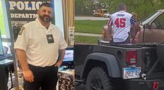 middle aged man with gray hair in white police uniform shirt, in trump jersey with number 45 on back, and back of black Jeep with license plate 45