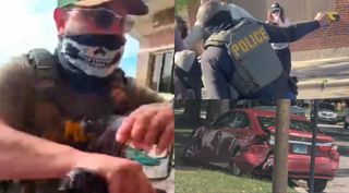 A montage of photos showing ICE agents, one in a skull mask shoving someone, and another pointing a yellow taser, along side a red car crashed into a tree.