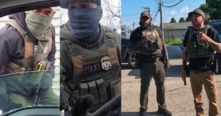 two men in masks with body armor side by side with same men in summer ICE uniforms and holding weapons