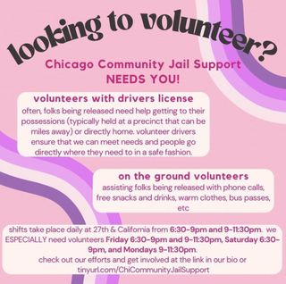 "looking to volunteer?" infographic for Chicago Community Jail Support