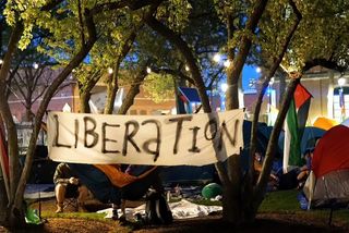 Liberation protest banner hanging between trees