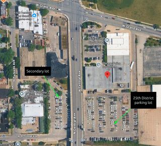 Map showing the 25th District station at the southeast corner of Grand Ave & N Central Ave.

The primary police-only parking is south of the station. West of Grand Ave is another CPD only lot west of the station.