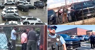 Photo montage:
ICE SUVs surround a rapid responder in the 25th District police parking lot

Plainclothes agents wearing tactical vests with a man in handcuffs in the 25th District police parking lot.

Plainclothes agents with a man in handcuffs in the 11th District police parking lot.

Uniformed Chicago police officer in the foreground with a black SUV (ICE) behind in the 24th District police parking lot.