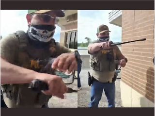 Two photos of the same white ICE agent wearing a skull mask, sunglasses, and a baseball cap, dressed in jeans, tee shirt, and a military green tactical vest