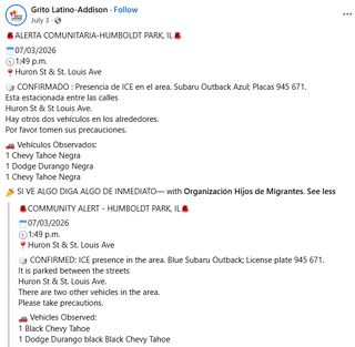 screenshot of rapid response alert shared by Grito Latino Addison on July 3, 2026